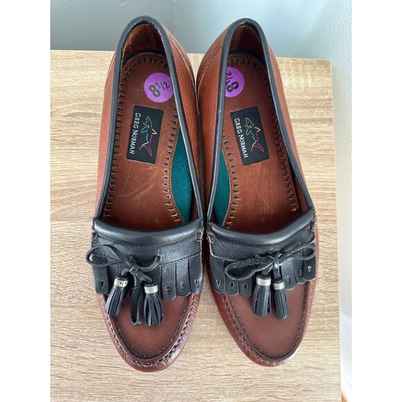 Vintage Greg Norman Men\'s Classic Brown Black Leather Tassel Loafers Shoes 8.5 main image 12